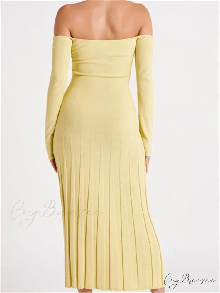 Elegant Women Slash Neck Off-Shoulder Solid Sleeve Backless Party Pleated Slim Vestidos
