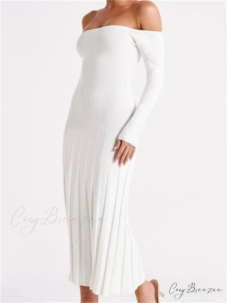 Elegant Women Slash Neck Off-Shoulder Solid Sleeve Backless Party Pleated Slim Vestidos WHITE / S