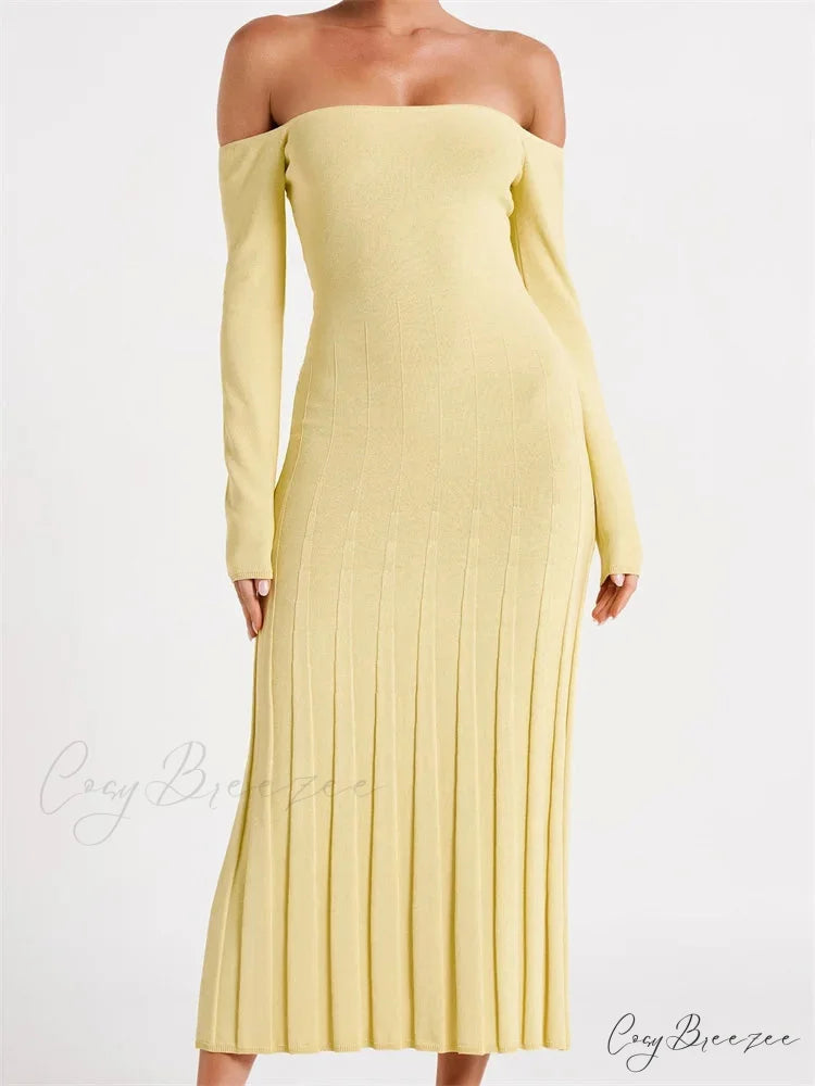 Elegant Women Slash Neck Off-Shoulder Solid Sleeve Backless Party Pleated Slim Vestidos Yellow / S