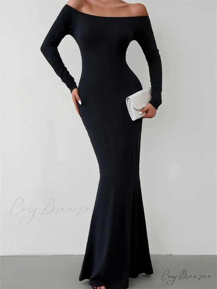 Elegant Women Sleeve Trumpet Solid Slash Neck Off-Shoulder Party Beach Cocktail Club Streetwear