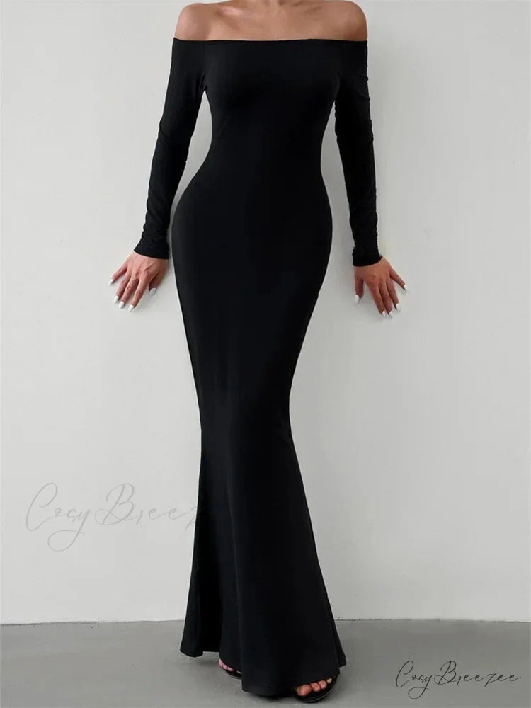 Elegant Women Sleeve Trumpet Solid Slash Neck Off-Shoulder Party Beach Cocktail Club Streetwear BLACK / S