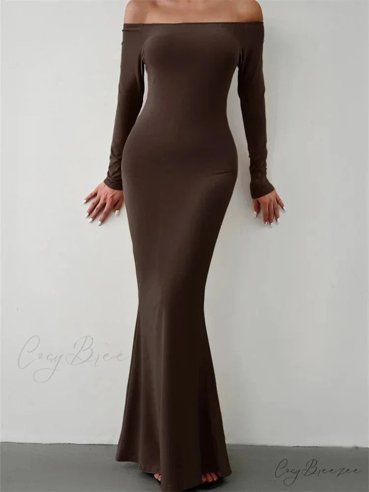 Elegant Women Sleeve Trumpet Solid Slash Neck Off-Shoulder Party Beach Cocktail Club Streetwear CAMEL / S