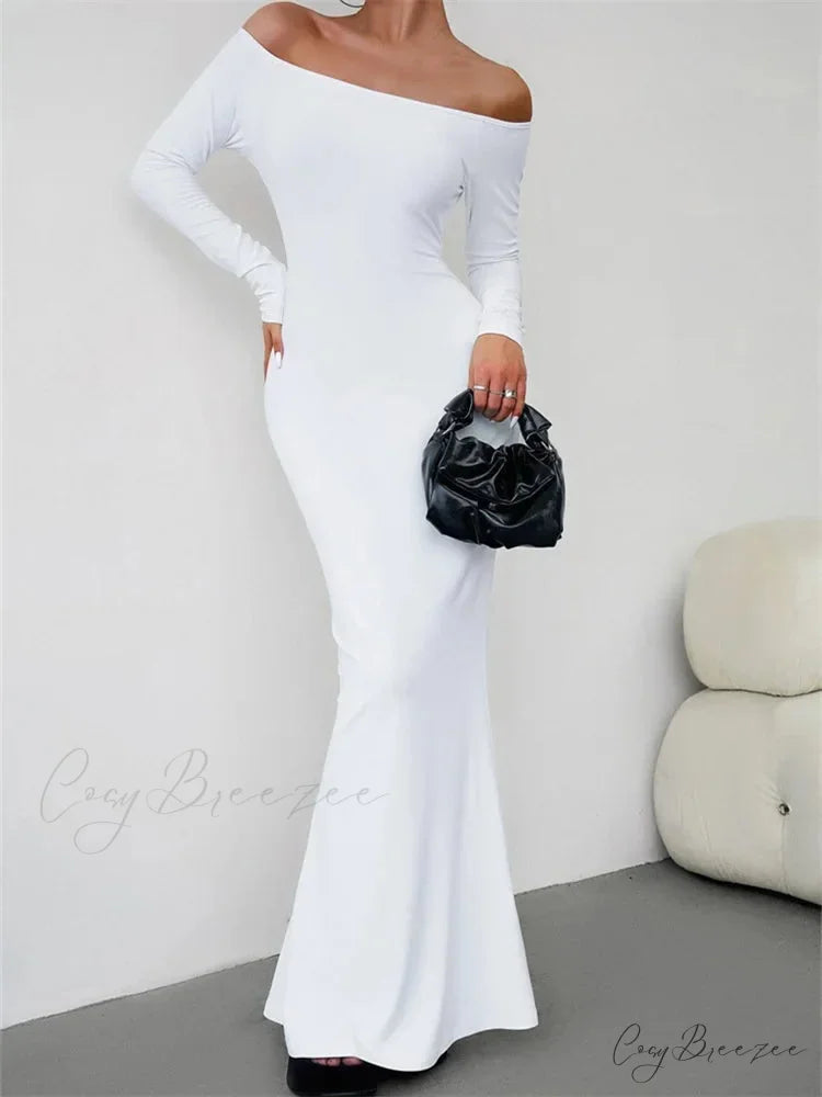 Elegant Women Sleeve Trumpet Solid Slash Neck Off-Shoulder Party Beach Cocktail Club Streetwear WHITE / S