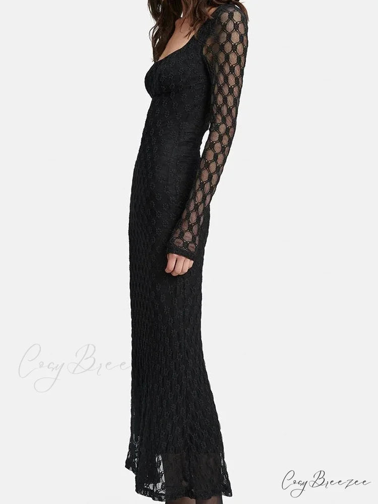 Elegant Women Spring Autumn Party See Through Sleeve Square Neck Lace Floral Slim Fit Vestidos