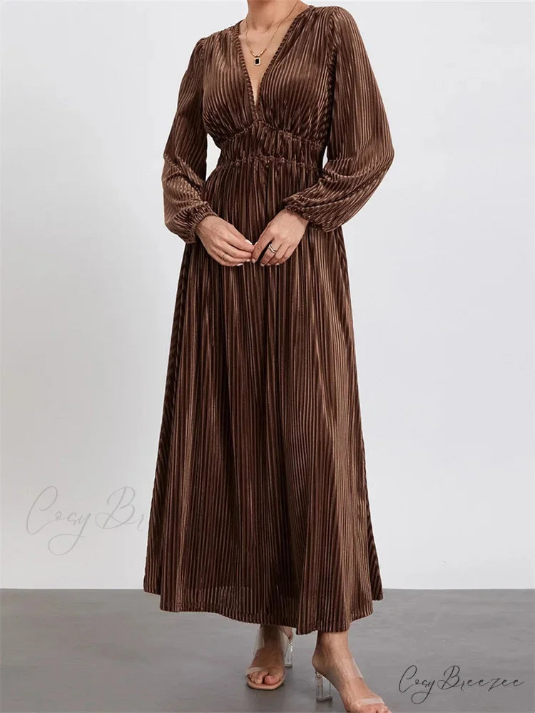 Elegant Women Spring Fall Velvet Sleeve Deep V Neck Solid Color A-Line Vintage Female Vestidos