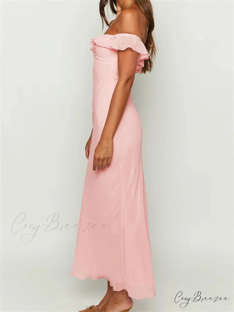 Elegant Women Summer Evening Backless Off Shoulder Slash Neck Ruffles Party Formal Female Vestidos