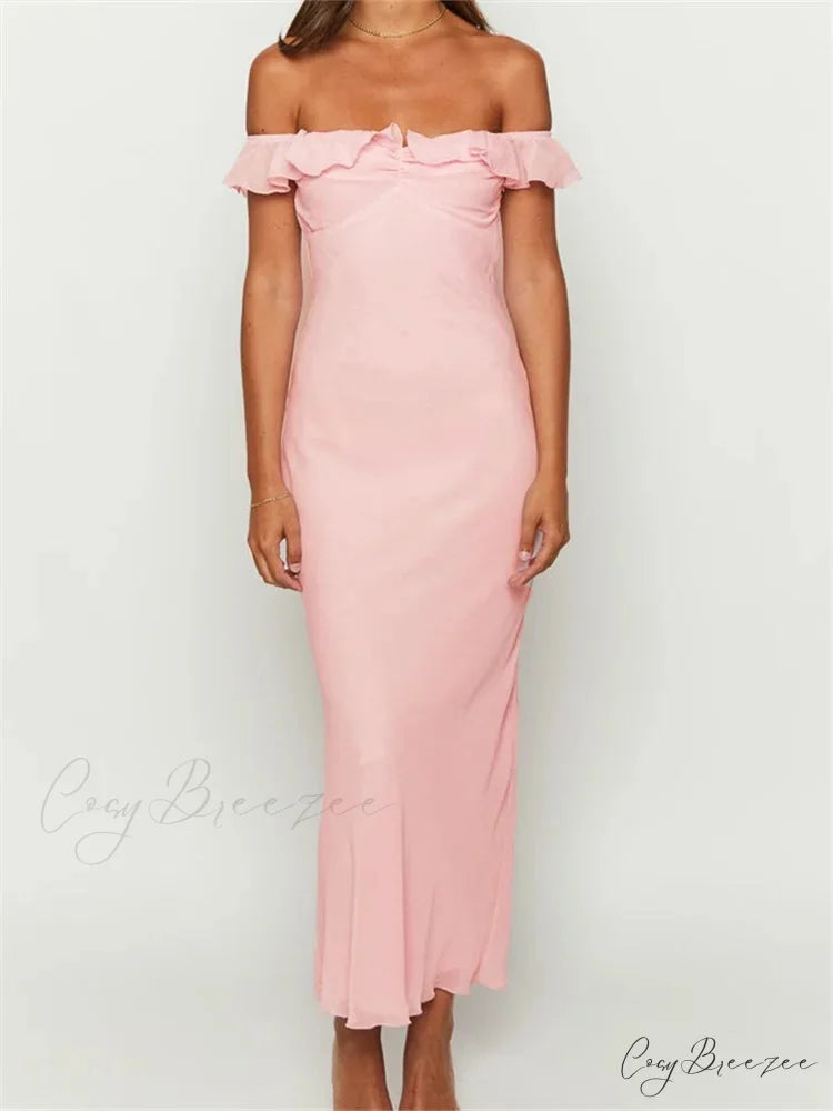 Elegant Women Summer Evening Backless Off Shoulder Slash Neck Ruffles Party Formal Female Vestidos