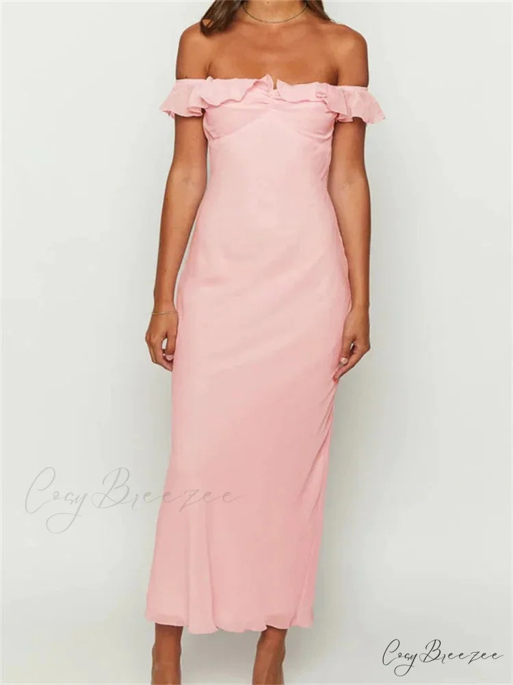 Elegant Women Summer Evening Backless Off Shoulder Slash Neck Ruffles Party Formal Female Vestidos PINK / S