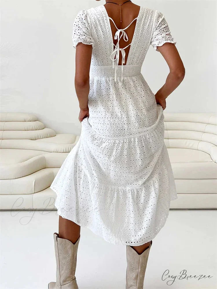 Elegant Women Summer Short Sleeve A-Line Solid V-neck Lace Floral Backless Tie-up Party Vestido