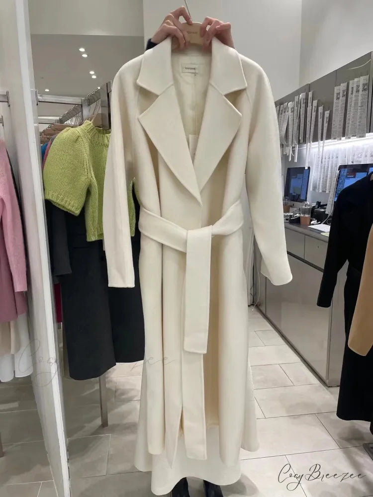 Elegant Woolen Belted Long Coat Apricot / S overcoats-241228