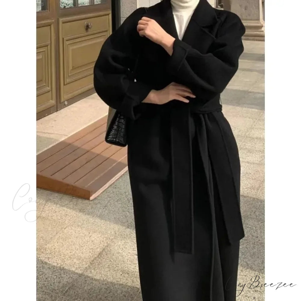 Elegant Woolen Belted Long Coat Black / S overcoats-241228