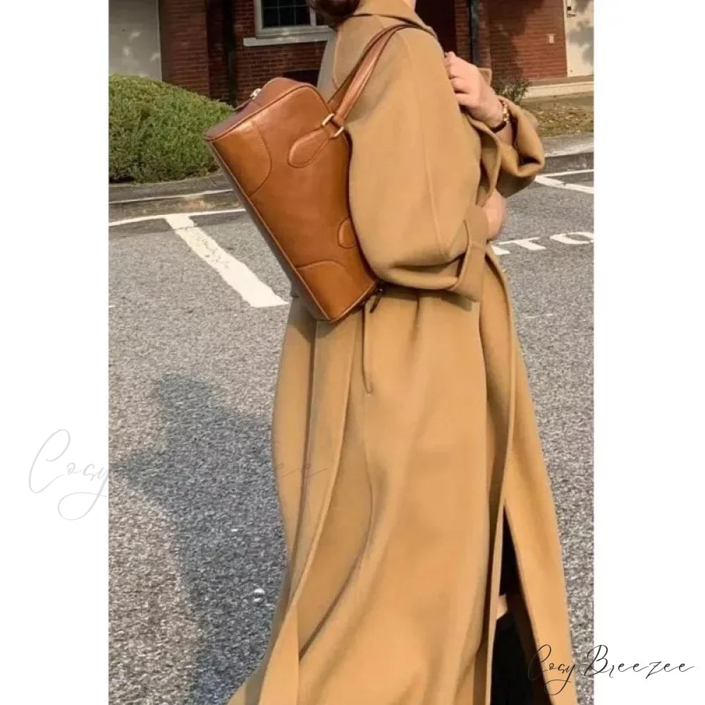 Elegant Woolen Belted Long Coat overcoats-241228
