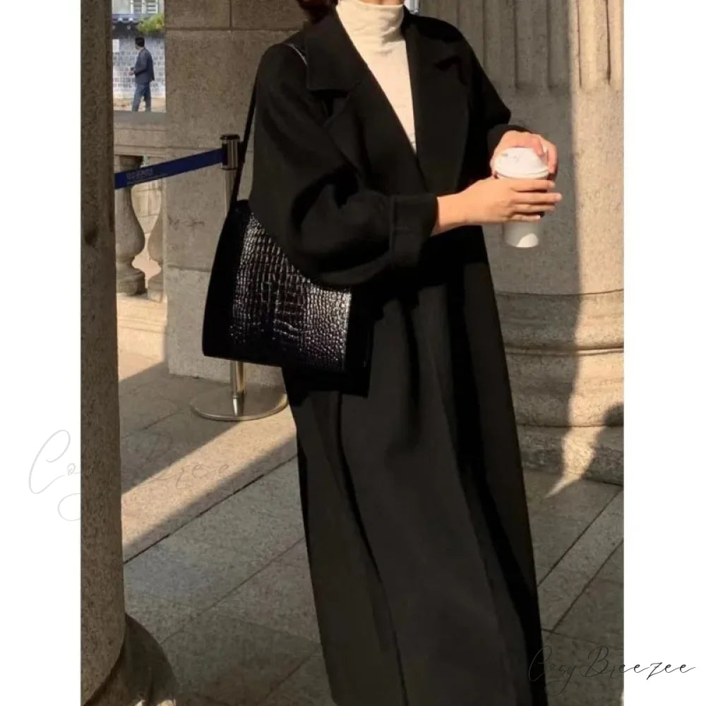 Elegant Woolen Belted Long Coat overcoats-241228