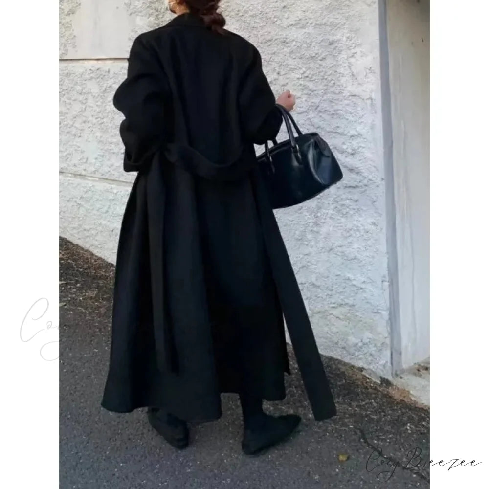 Elegant Woolen Belted Long Coat overcoats-241228