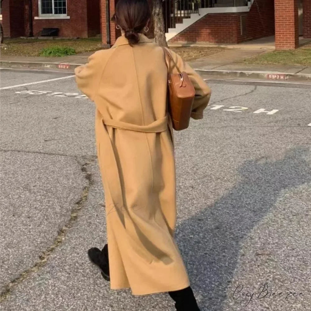 Elegant Woolen Belted Long Coat overcoats-241228