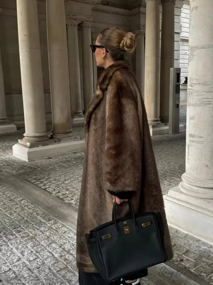 Elegant Woolen Belted Long Sleeve Coat Brown / S overcoats-241228