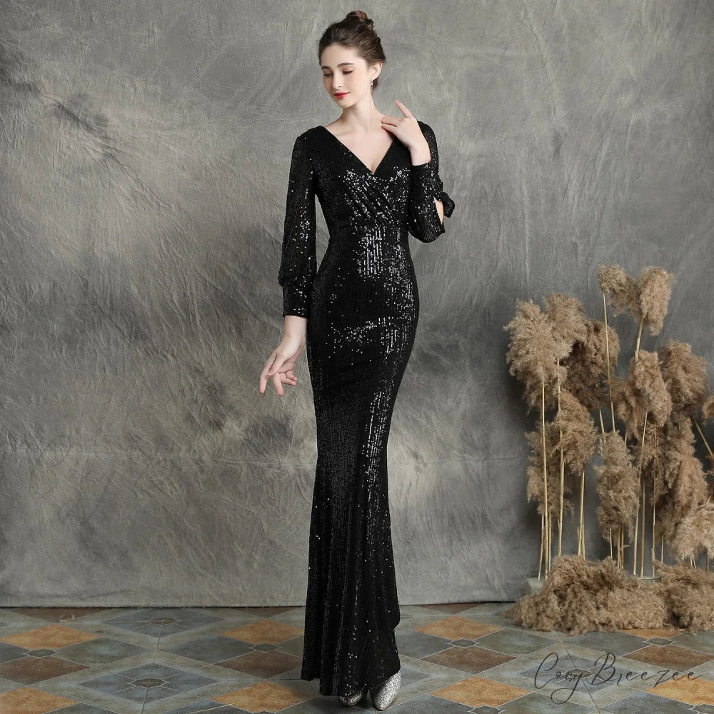 Ella long-sleeve sequined Charming formal fishtail dress BLACK / XS