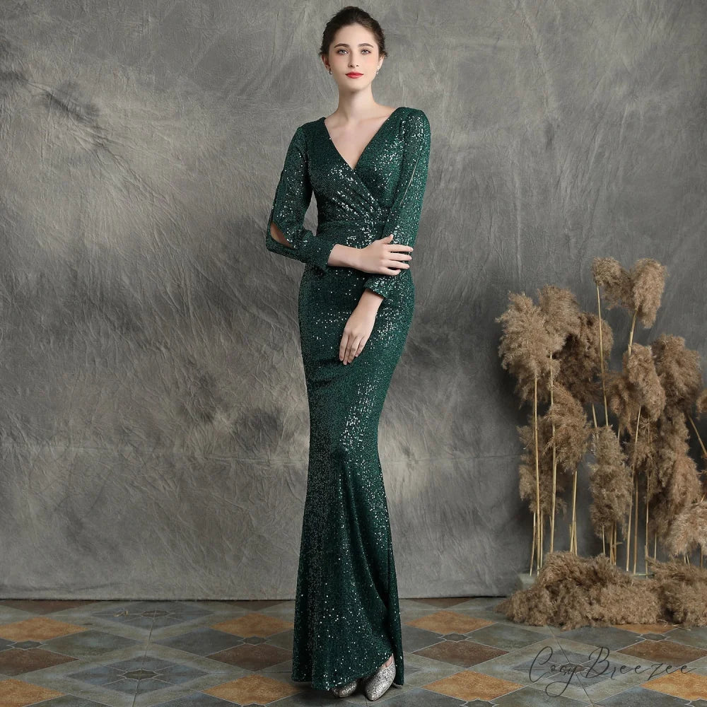 Ella long-sleeve sequined Charming formal fishtail dress HUNTER / XS