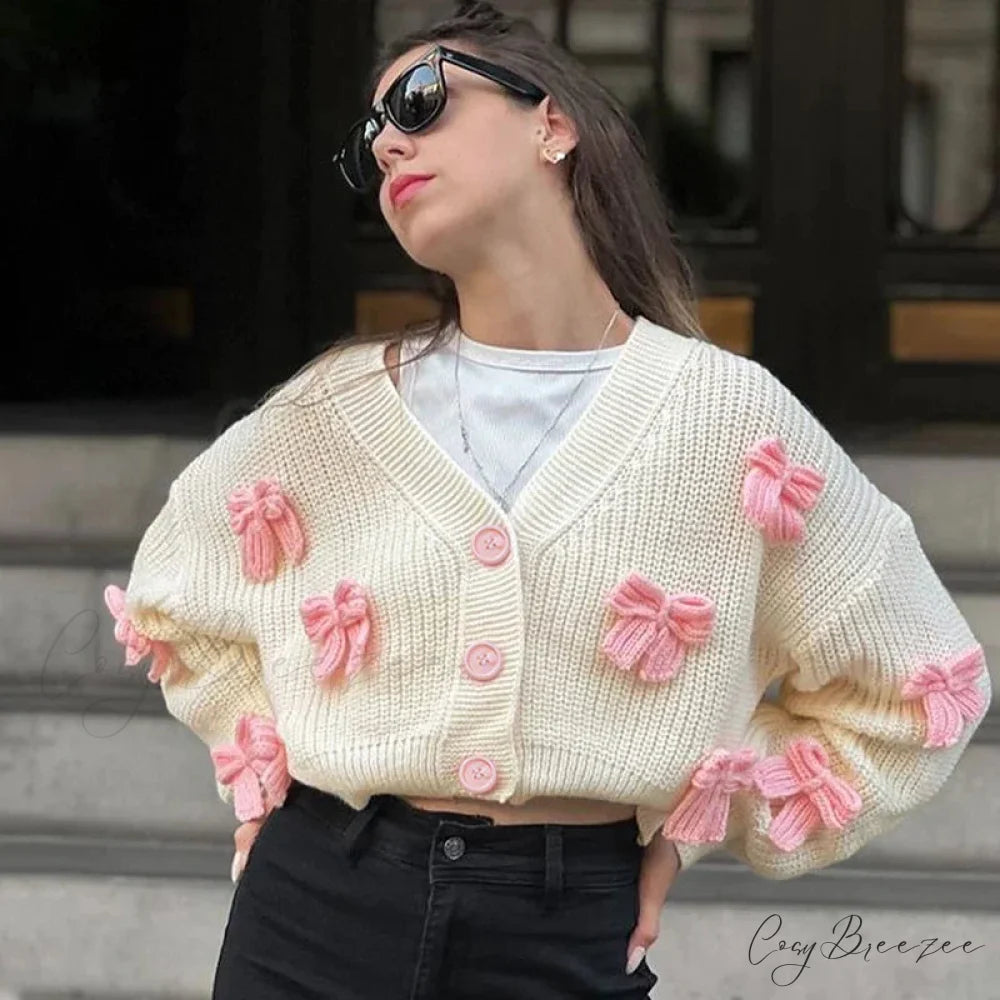 Embroidered Bow V-neck Cardigan cardigans-241228