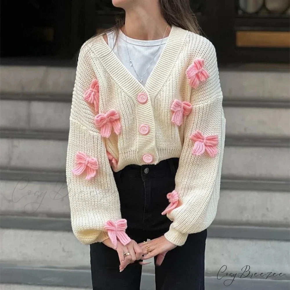Embroidered Bow V-neck Cardigan White / S cardigans-241228