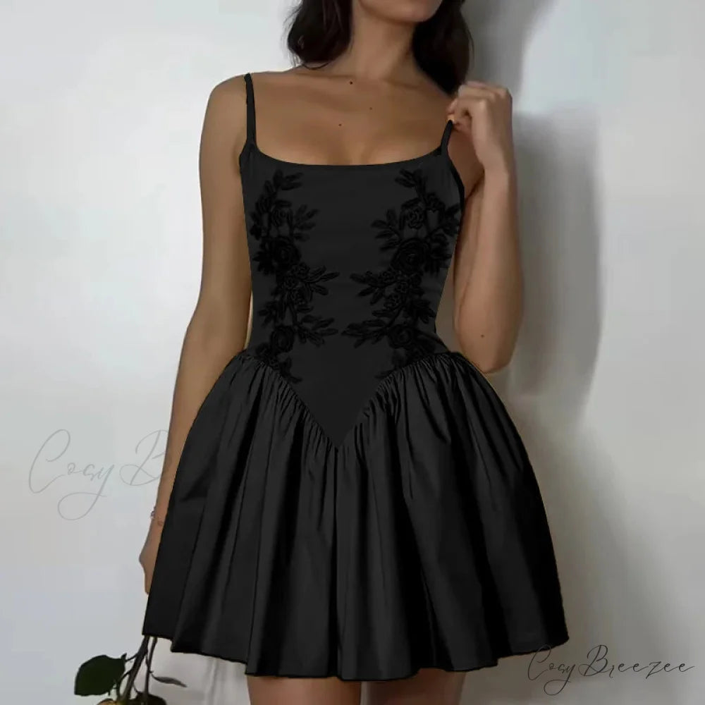 Embroidered Floral High Waist Puffy Dress Black / S floraldress-250126
