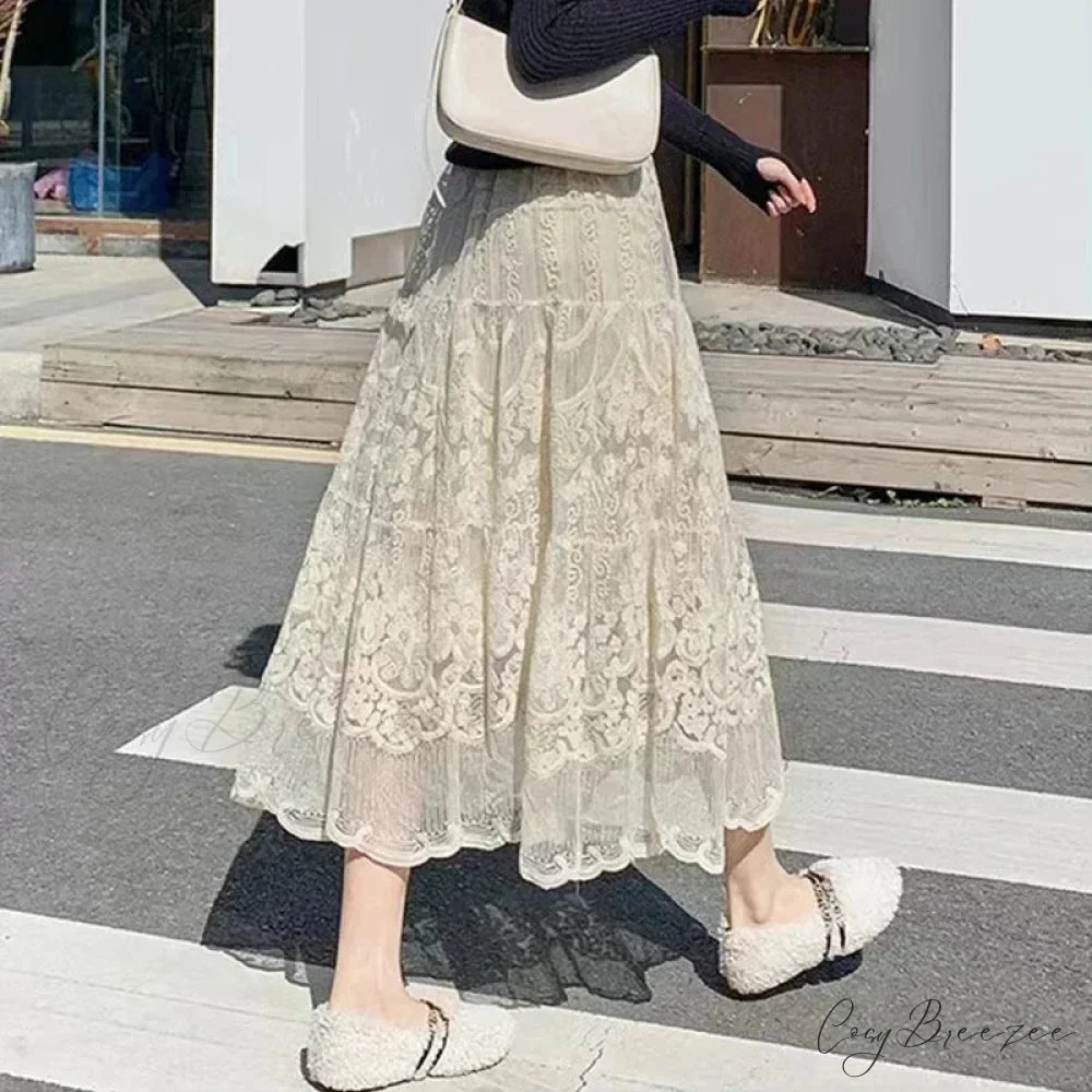 Embroidered Flower Lace High Waist Boho Skirt skirt-250126