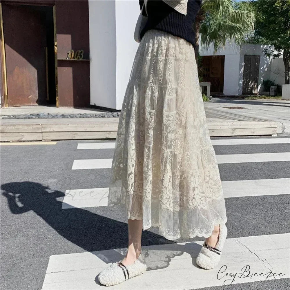 Embroidered Flower Lace High Waist Boho Skirt skirt-250126