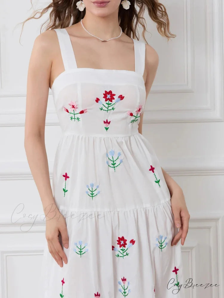 Embroidered Flower Ruched Tiered Slip Dress floraldress-250126