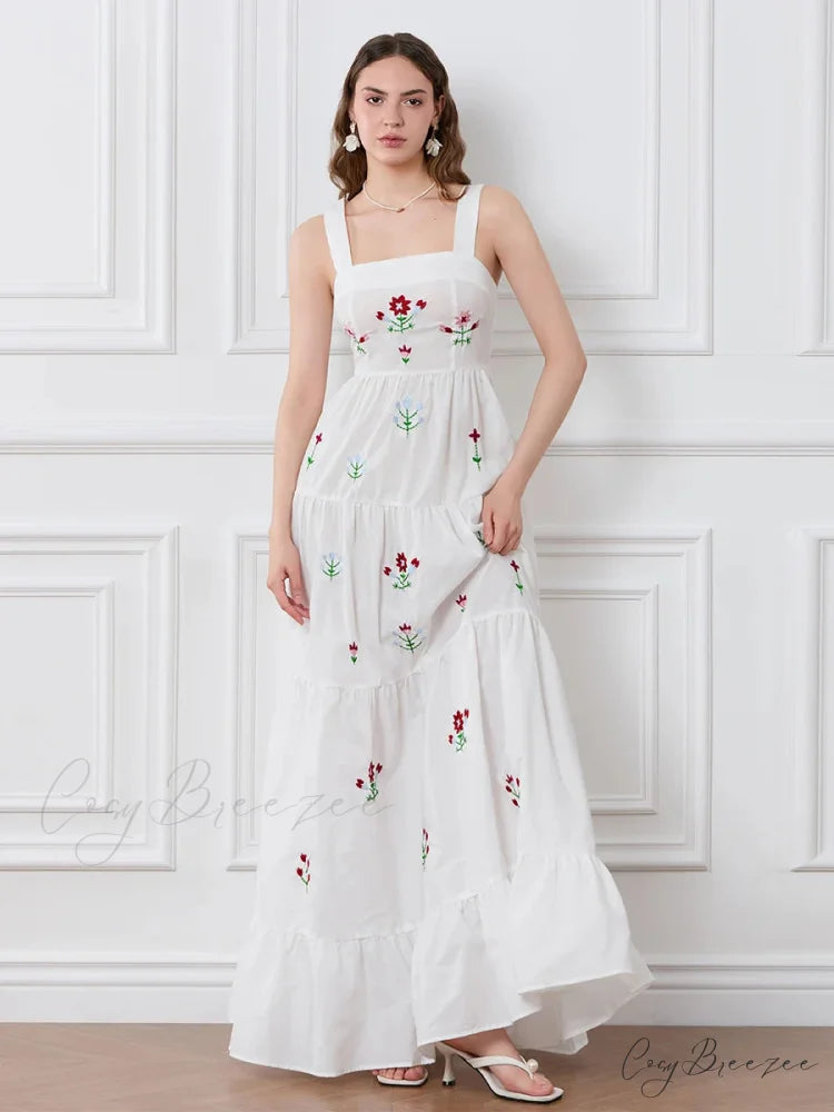 Embroidered Flower Ruched Tiered Slip Dress floraldress-250126