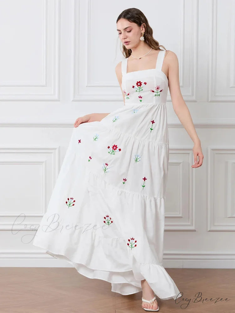 Embroidered Flower Ruched Tiered Slip Dress floraldress-250126