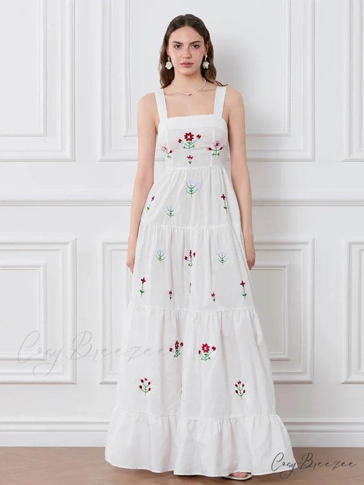 Embroidered Flower Ruched Tiered Slip Dress WHITE / S floraldress-250126