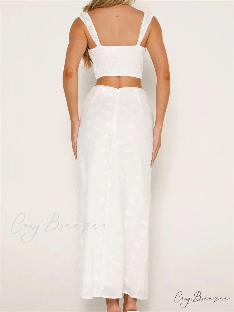 Embroidered Flower Sleeveless Crop Top High Waist Long Skirt skirt-250126