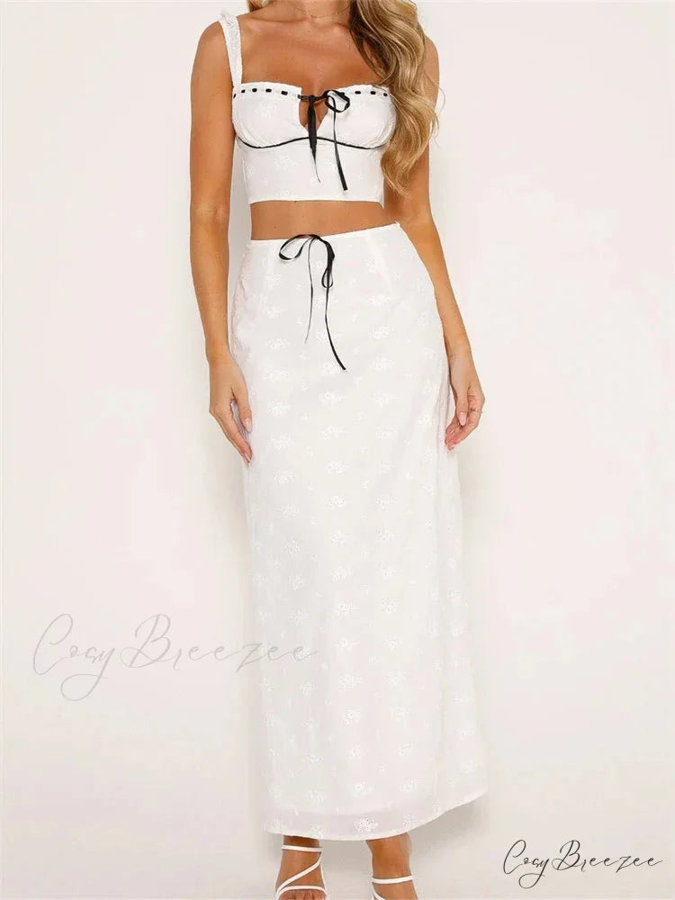 Embroidered Flower Sleeveless Crop Top High Waist Long Skirt skirt-250126