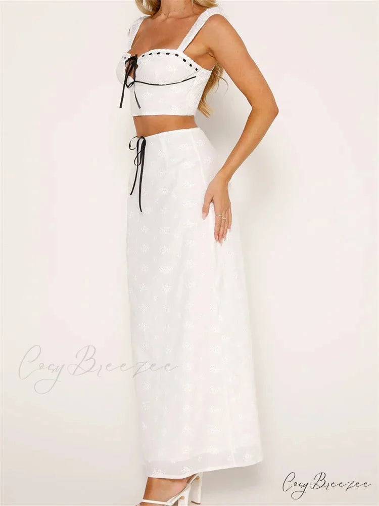 Embroidered Flower Sleeveless Crop Top High Waist Long Skirt skirt-250126