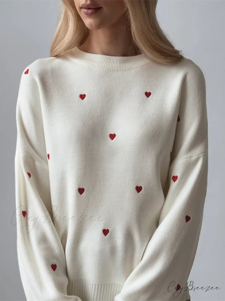 Embroidered Heart Graceful Oversized Knit Sweater