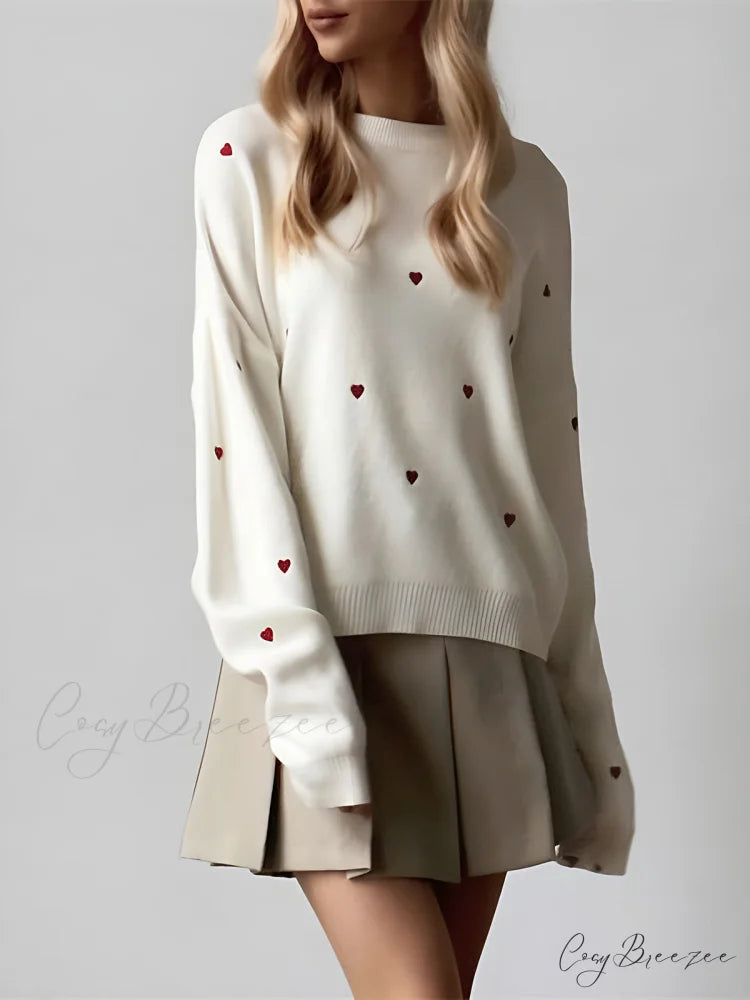 Embroidered Heart Graceful Oversized Knit Sweater White / XS