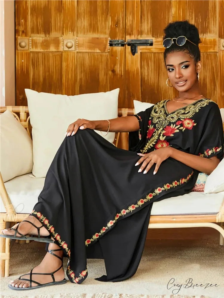 Embroidered Kaftan Beach Vacation Floral Dress oldfloraldress-250126