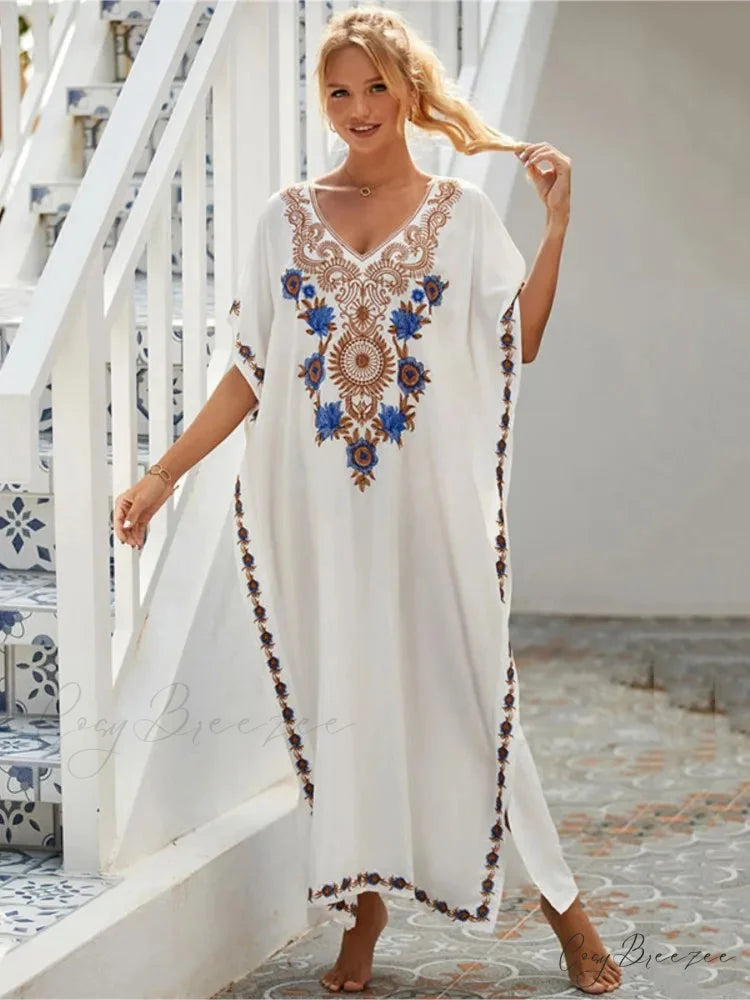 Embroidered Kaftan Beach Vacation Floral Dress oldfloraldress-250126