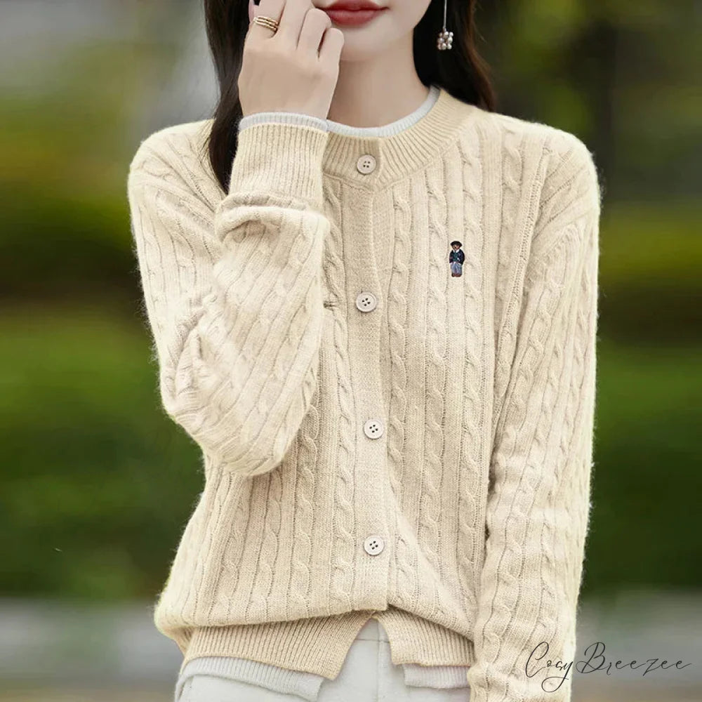 Embroidered Little Bear Loose Cashmere O-Neck Cardigan apricot / M cardiagn-250126
