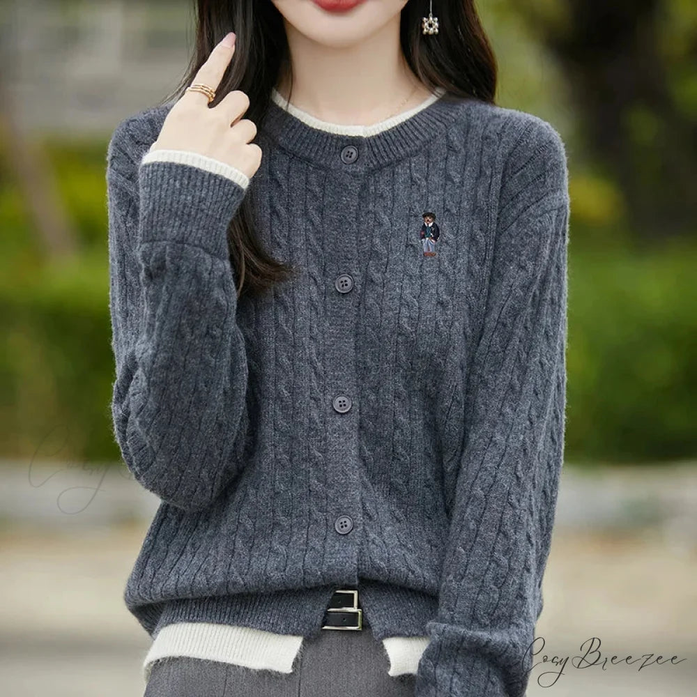 Embroidered Little Bear Loose Cashmere O-Neck Cardigan dark grey / M cardiagn-250126