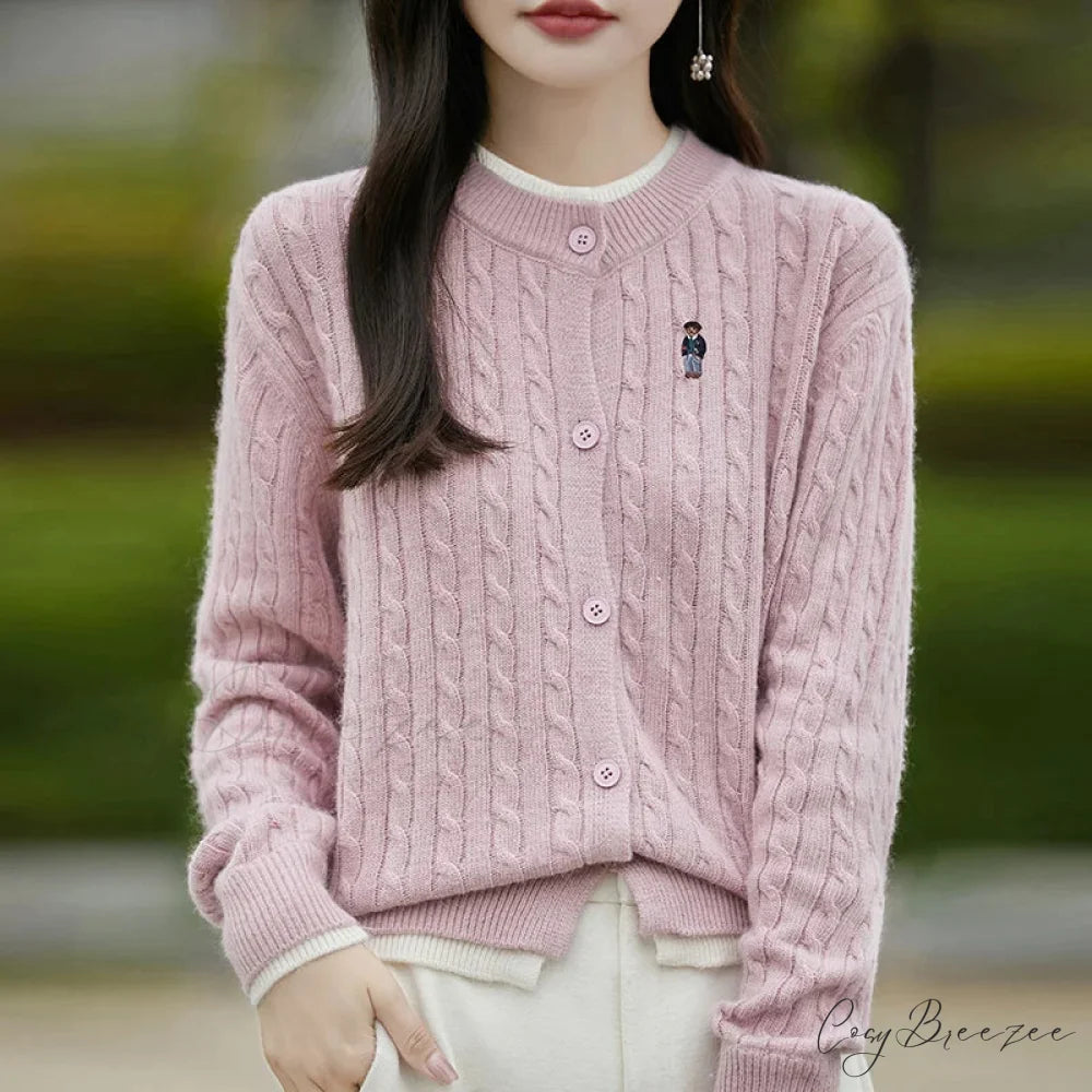 Embroidered Little Bear Loose Cashmere O-Neck Cardigan Pink / M cardiagn-250126