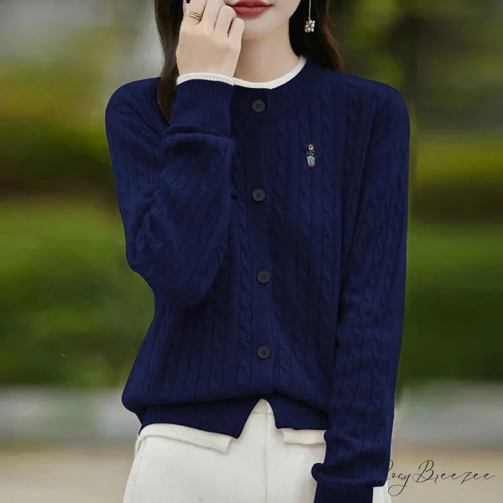 Embroidered Little Bear Loose Cashmere O-Neck Cardigan Tibetan Blue / M cardiagn-250126