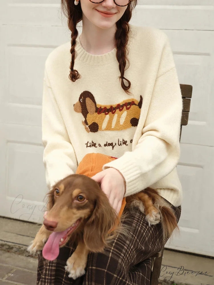 Embroidered Round Neck Drop Sleeve Sweater Beige / XS swraters-241228