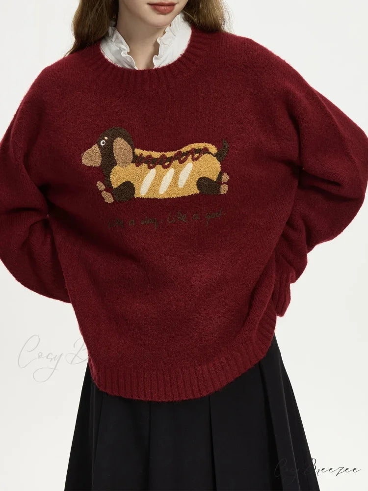 Embroidered Round Neck Drop Sleeve Sweater Retro red / XS swraters-241228