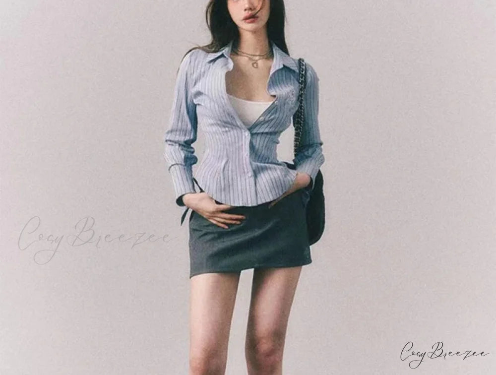 Embroidered Striped Slim-fit Collar Blouse blouse-250126