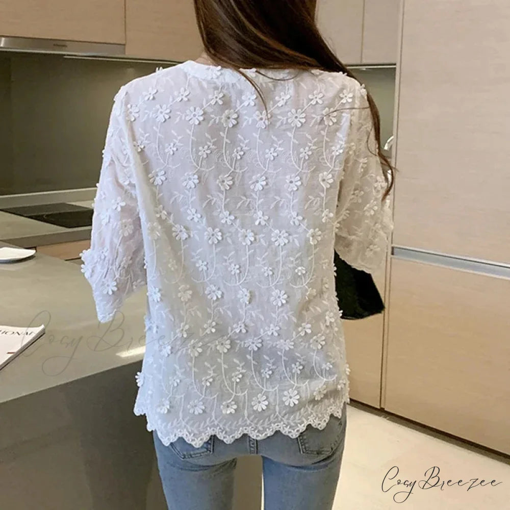 Embroidered White Cotton Floral Korean Style Crop Top blouse-250126
