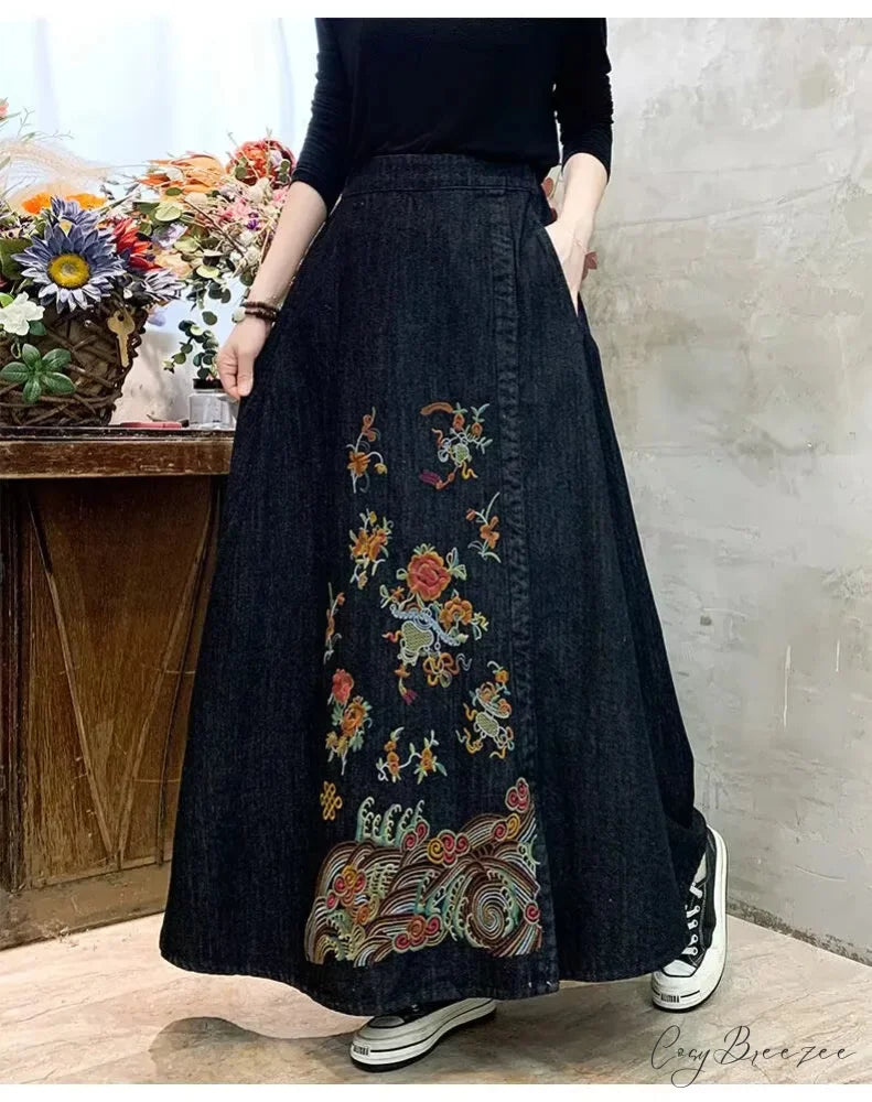 Embroidery Denim High Waist Japanese Mori Long Casual Skirt skirt-250126