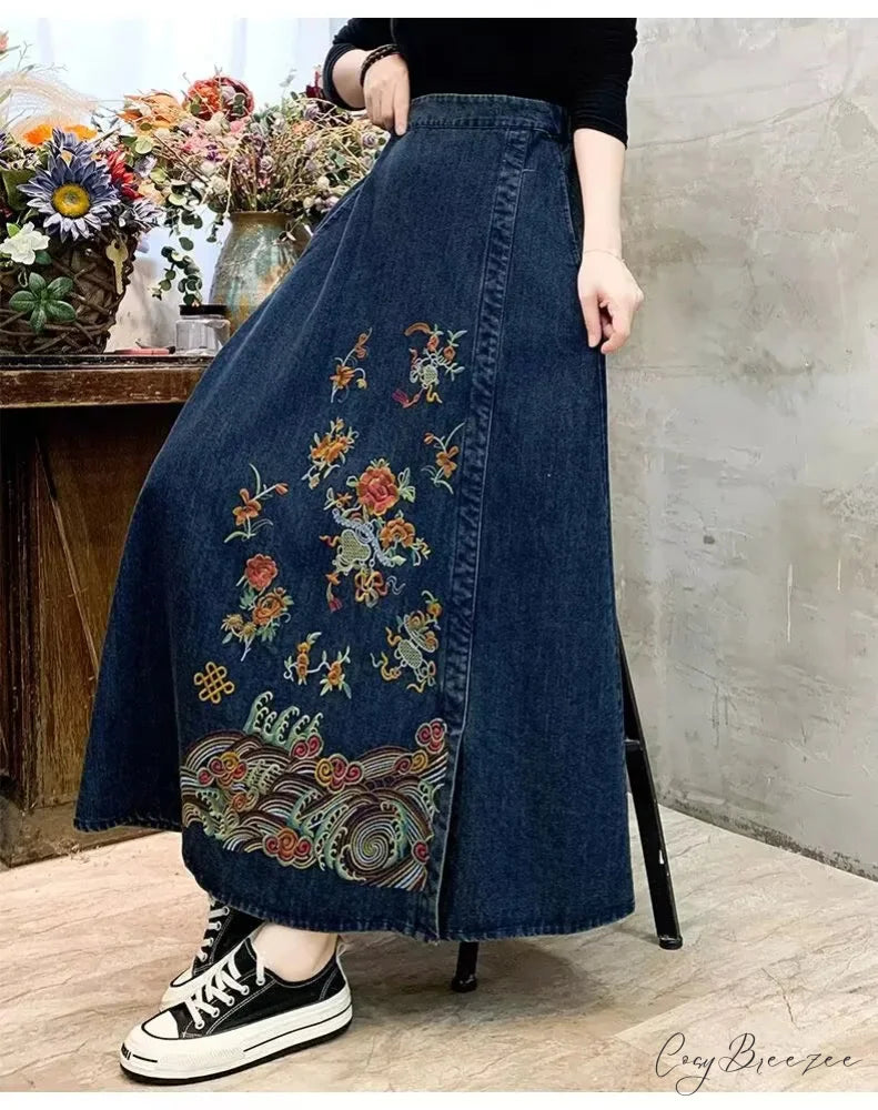 Embroidery Denim High Waist Japanese Mori Long Casual Skirt skirt-250126