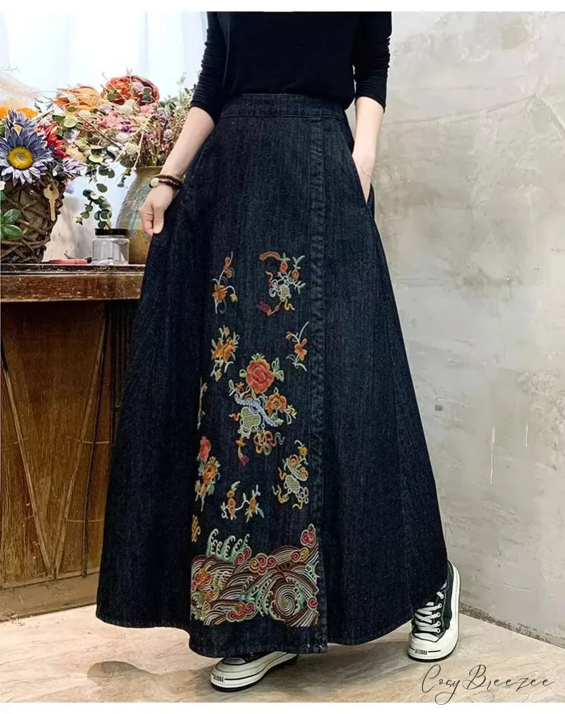 Embroidery Denim High Waist Japanese Mori Long Casual Skirt skirt-250126