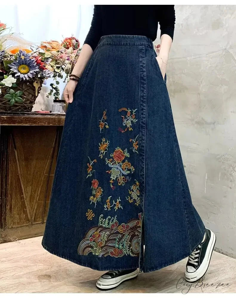 Embroidery Denim High Waist Japanese Mori Long Casual Skirt skirt-250126